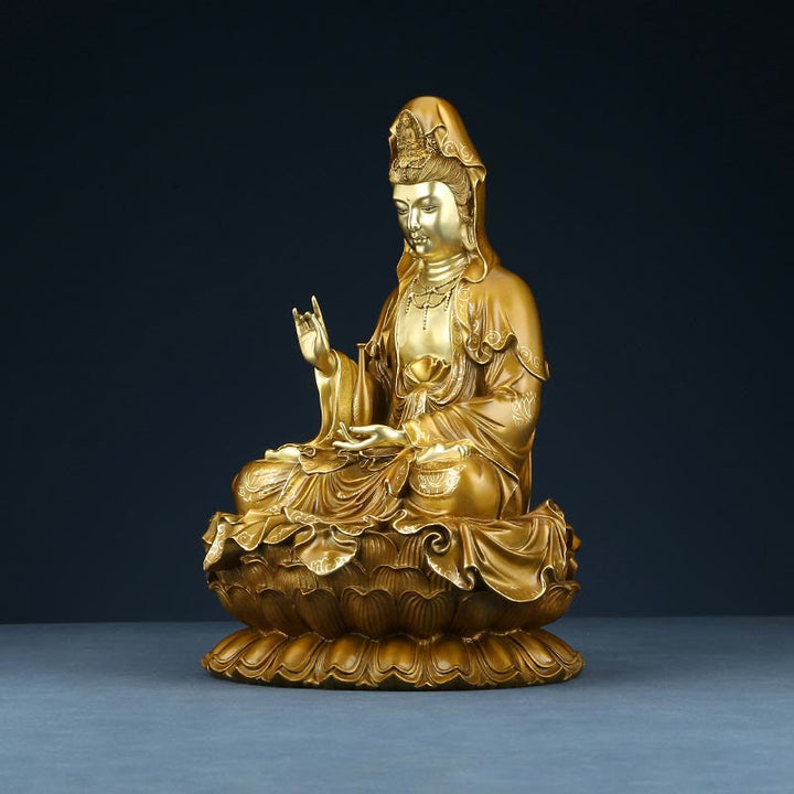 Estatua de Buda Piedras Kwan Yin Avalokitesvara Loto Sentado en Armonía Altar de Casa Decoración de Latón y Cobre