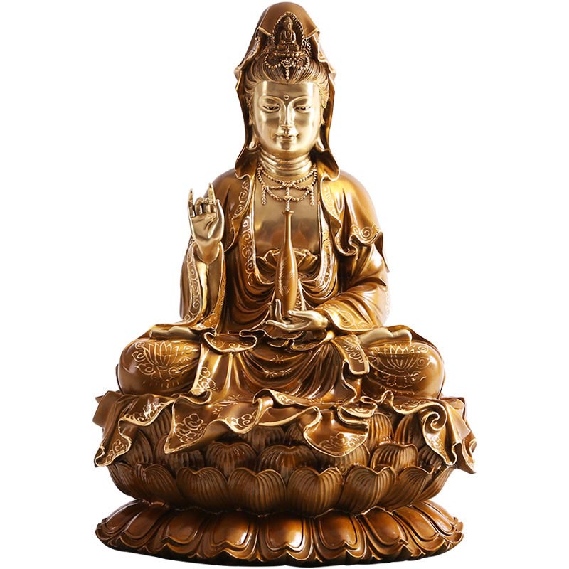 Estatua de Buda Piedras Kwan Yin Avalokitesvara Loto Sentado en Armonía Altar de Casa Decoración de Latón y Cobre