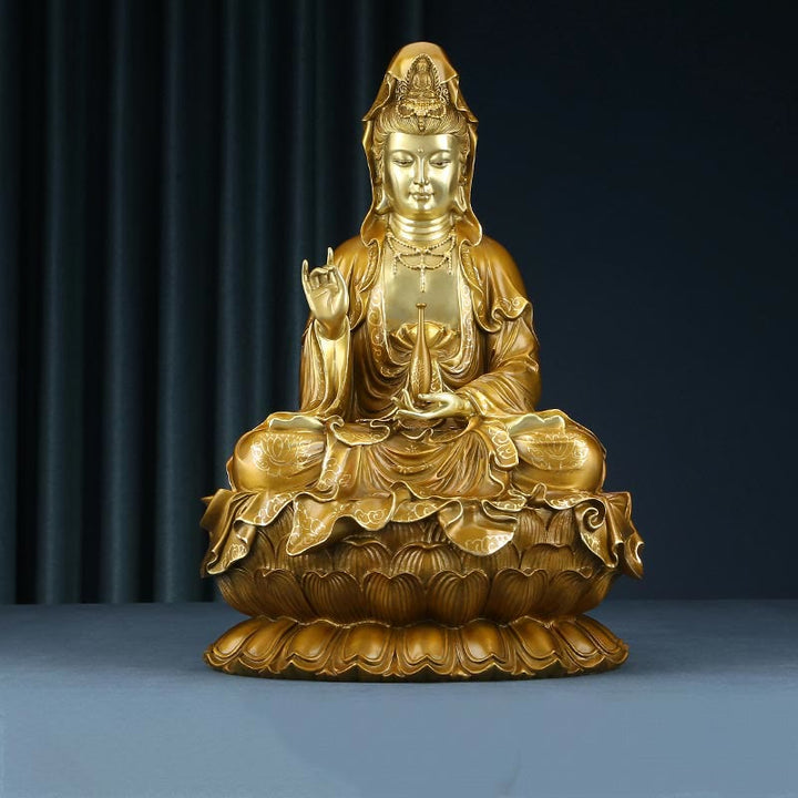Estatua de Buda Piedras Kwan Yin Avalokitesvara Loto Sentado en Armonía Altar de Casa Decoración de Latón y Cobre - Avalokitesvara dorado 27*25*41cm - image 0