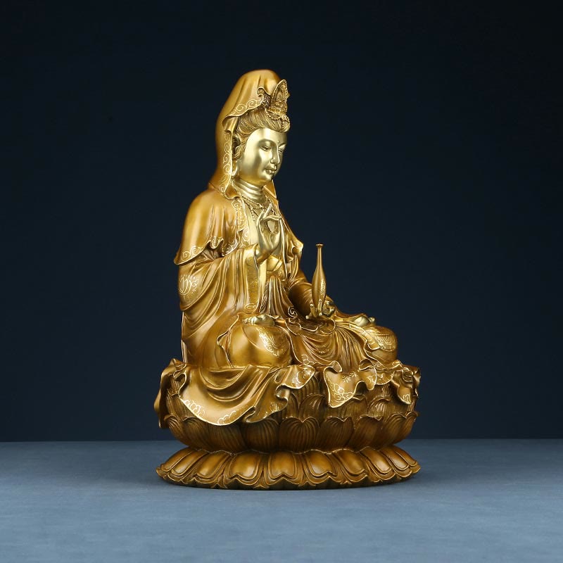 Estatua de Buda Piedras Kwan Yin Avalokitesvara Loto Sentado en Armonía Altar de Casa Decoración de Latón y Cobre
