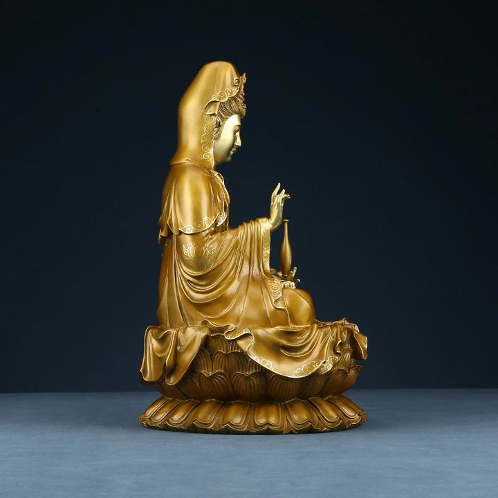 Estatua de Buda Piedras Kwan Yin Avalokitesvara Loto Sentado en Armonía Altar de Casa Decoración de Latón y Cobre