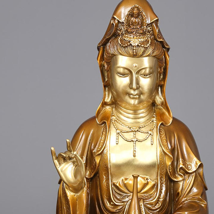 Estatua de Buda Piedras Kwan Yin Avalokitesvara Loto Sentado en Armonía Altar de Casa Decoración de Latón y Cobre