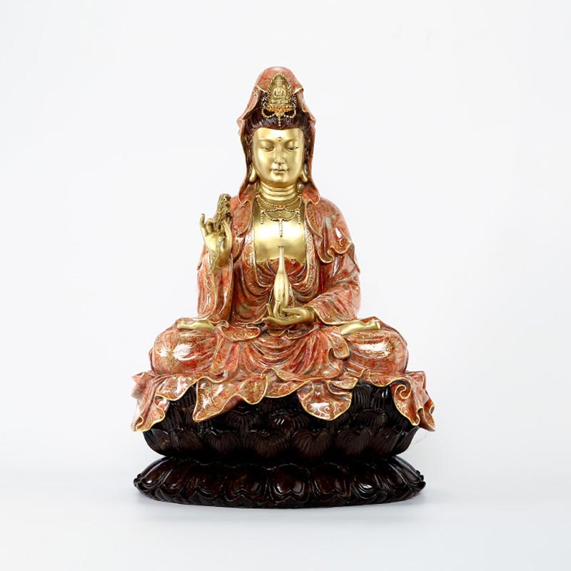 Estatua de Buda Piedras Kwan Yin Avalokitesvara Loto Sentado en Armonía Altar de Casa Decoración de Latón y Cobre