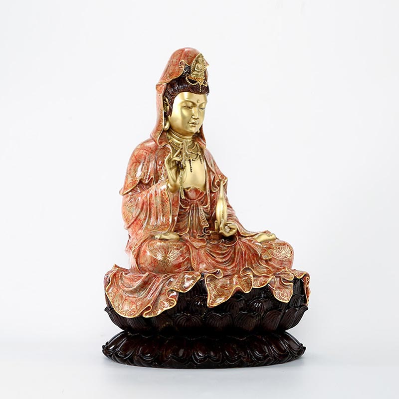 Estatua de Buda Piedras Kwan Yin Avalokitesvara Loto Sentado en Armonía Altar de Casa Decoración de Latón y Cobre