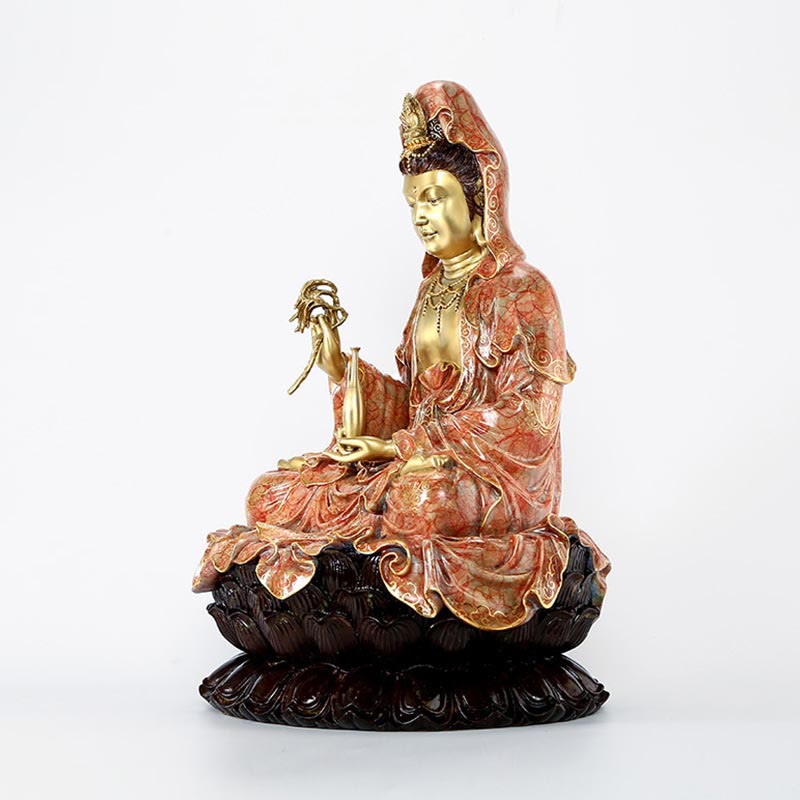 Estatua de Buda Piedras Kwan Yin Avalokitesvara Loto Sentado en Armonía Altar de Casa Decoración de Latón y Cobre