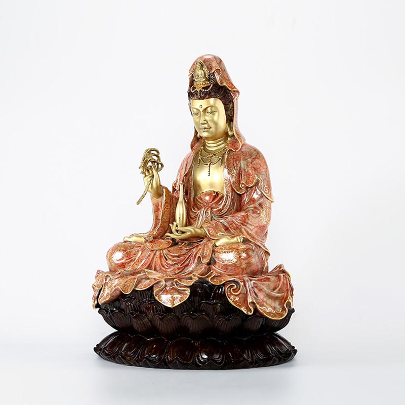 Estatua de Buda Piedras Kwan Yin Avalokitesvara Loto Sentado en Armonía Altar de Casa Decoración de Latón y Cobre