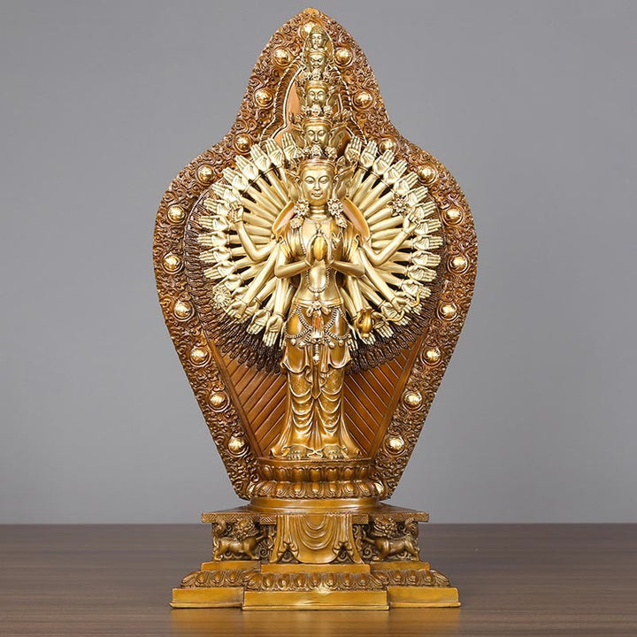 Buddha Stones Estatua de Decoración de Avalokitesvara Kwan Yin de Mil Brazos de Latón Cobre Hecha a Mano