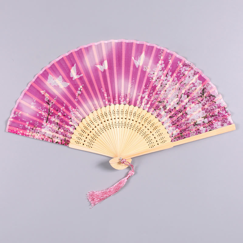 Abanico plegable de bambú de seda de mano con flores de mariposa y Buddha Stones