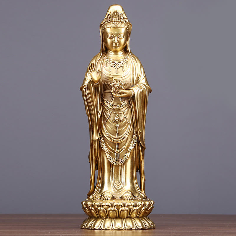 Buddha Stones Kwan Yin Avalokitesvara Sosteniendo La Rueda Del Dharma Estatua De Riqueza De Latón Y Cobre Decoración - Avalokiteshvara 17,5 x 14 x 38,5 cm - image 8