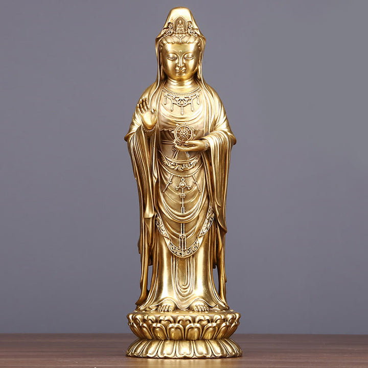Buddha Stones Kwan Yin Avalokitesvara Sosteniendo La Rueda Del Dharma Estatua De Riqueza De Latón Y Cobre Decoración - Avalokiteshvara 17,5 x 14 x 38,5 cm - image 8