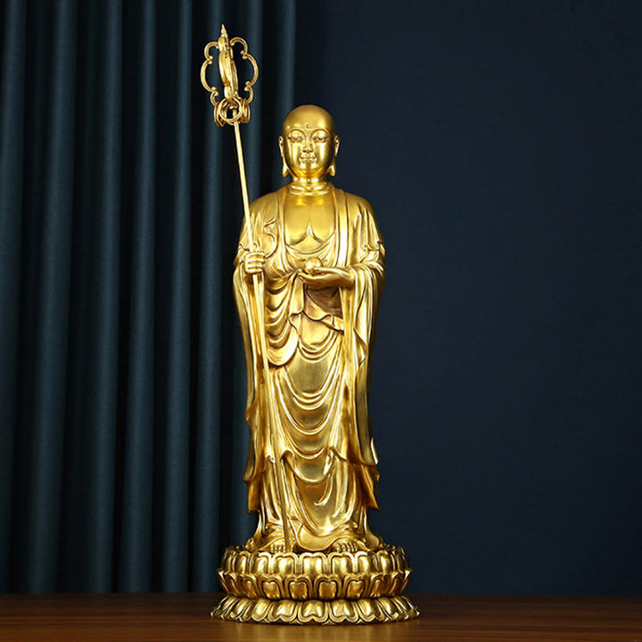 Figura de Ksitigarbha Bodhisattva de Buddha Stones Estatua de Compasión de Cobre Decoración para Ofrecimiento en el Hogar