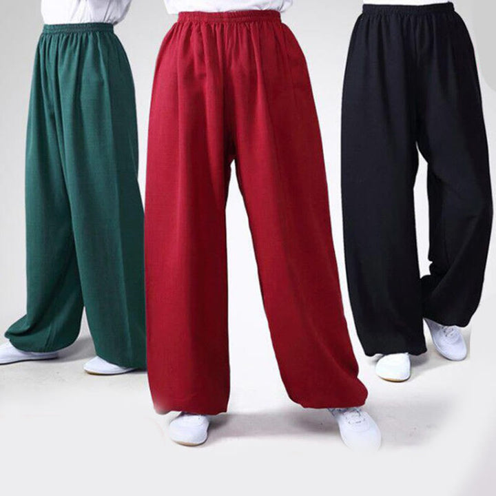 Buddha Stones Pantalones unisex de algodón y lino con cintura elástica para la práctica de Tai Chi y Qigong en verano - image 1