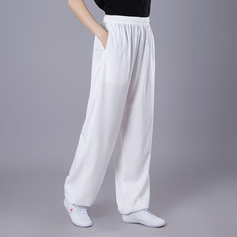 Pantalones de Verano Unisex Buddha Stones con Cintura Elástica para la Práctica de Tai Chi y Qigong Transpirables de Algodón y Lino con Bolsillos - Blanco - 3XL- APTO PARA US . UK/AU - 2XL - image 1