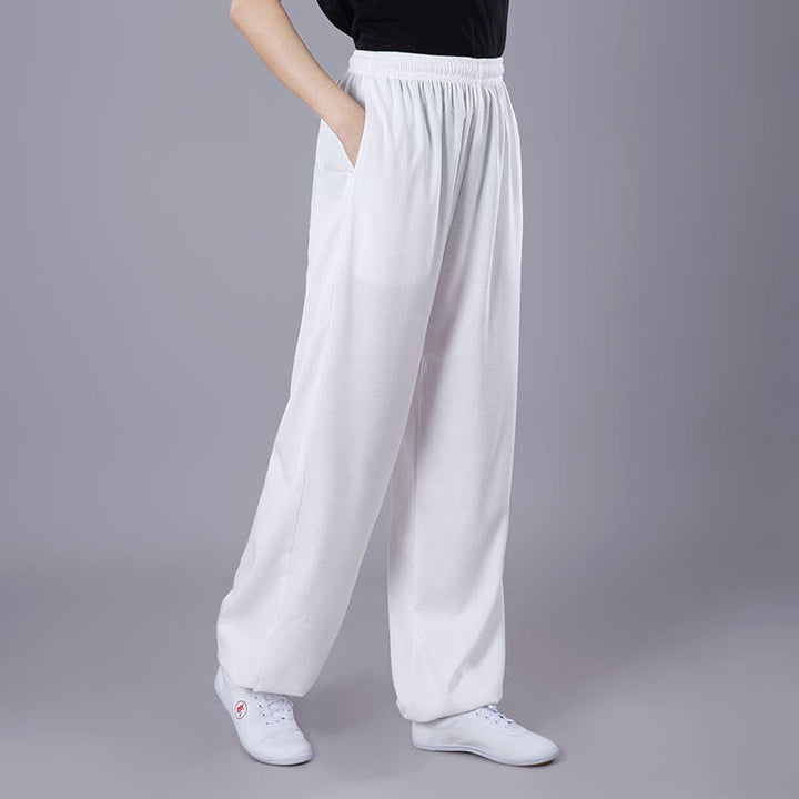 Pantalones de Verano Unisex Buddha Stones con Cintura Elástica para la Práctica de Tai Chi y Qigong Transpirables de Algodón y Lino con Bolsillos - Blanco - 3XL- APTO PARA US . UK/AU - 2XL - image 1