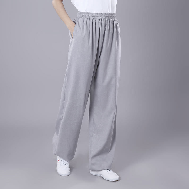 Pantalones de Verano Unisex Buddha Stones con Cintura Elástica para la Práctica de Tai Chi y Qigong Transpirables de Algodón y Lino con Bolsillos - Gris claro - 3XL- APTO PARA US . UK/AU - 2XL - image 7