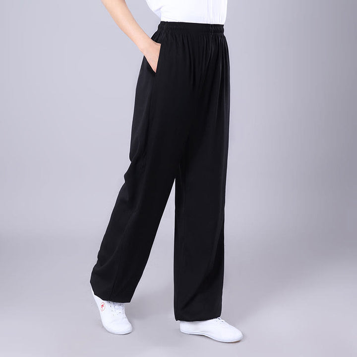 Pantalones de Verano Unisex Buddha Stones con Cintura Elástica para la Práctica de Tai Chi y Qigong Transpirables de Algodón y Lino con Bolsillos - Negro - 3XL- APTO PARA US . UK/AU - 2XL - image 9