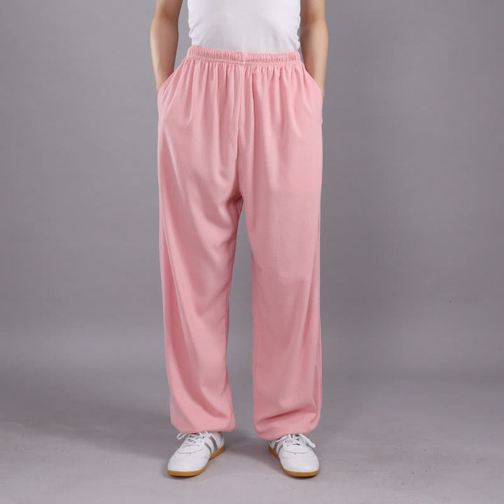 Pantalones de Verano Unisex Buddha Stones con Cintura Elástica para la Práctica de Tai Chi y Qigong Transpirables de Algodón y Lino con Bolsillos - Rosa - 3XL- APTO PARA US . UK/AU - 2XL - image 26