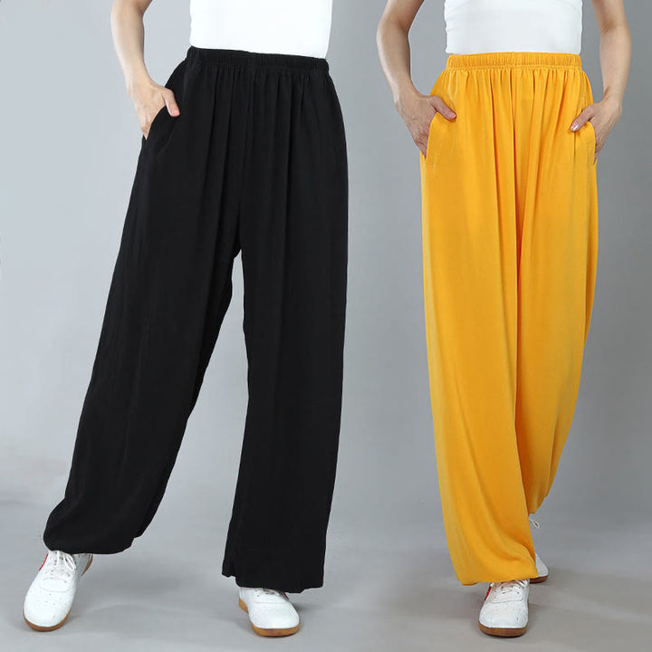Pantalones de verano unisex con cintura elástica para Tai Chi, Kung Fu, Qigong de práctica de algodón transpirable con bolsillos Buddha Stones - image 0
