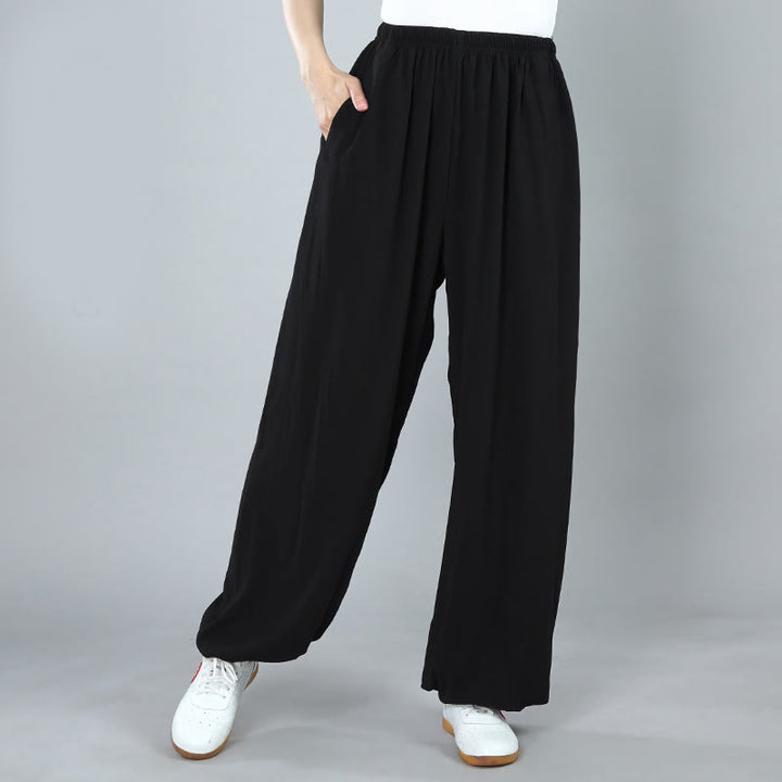 Pantalones de verano unisex con cintura elástica para Tai Chi, Kung Fu, Qigong de práctica de algodón transpirable con bolsillos Buddha Stones - Negro - 3XL- APTO PARA US . UK/AU - 2XL - image 2