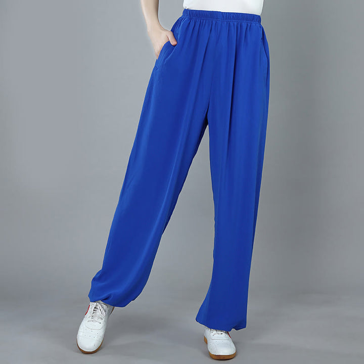 Pantalones de verano unisex con cintura elástica para Tai Chi, Kung Fu, Qigong de práctica de algodón transpirable con bolsillos Buddha Stones - Azul real - 3XL- APTO PARA US . UK/AU - 2XL - image 11
