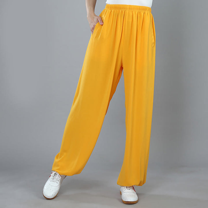 Pantalones de verano unisex con cintura elástica para Tai Chi, Kung Fu, Qigong de práctica de algodón transpirable con bolsillos Buddha Stones - Amarillo - 3XL- APTO PARA US . UK/AU - 2XL - image 9