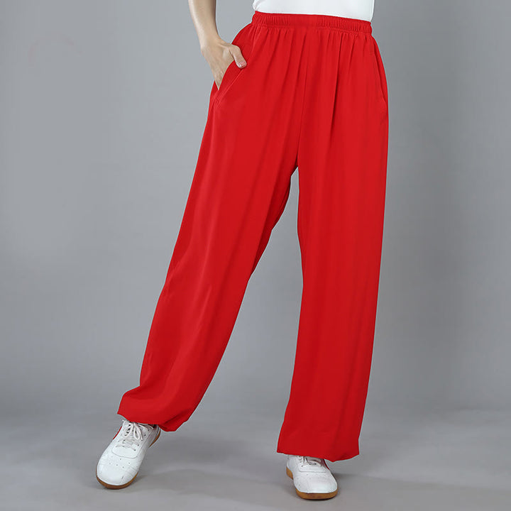 Pantalones de verano unisex con cintura elástica para Tai Chi, Kung Fu, Qigong de práctica de algodón transpirable con bolsillos Buddha Stones - Rojo - 3XL - Equivalente a la 2XL de EE. US./ UK/AU/ EU - image 14