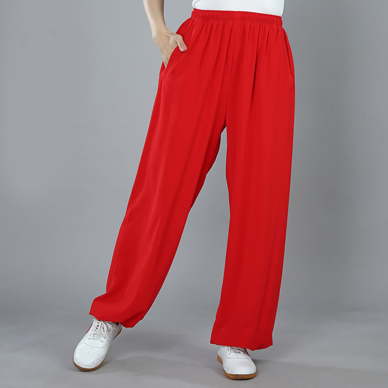 Pantalones de verano unisex con cintura elástica para Tai Chi, Kung Fu, Qigong de práctica de algodón transpirable con bolsillos Buddha Stones - Rojo - 3XL- APTO PARA US . UK/AU - 2XL - image 14
