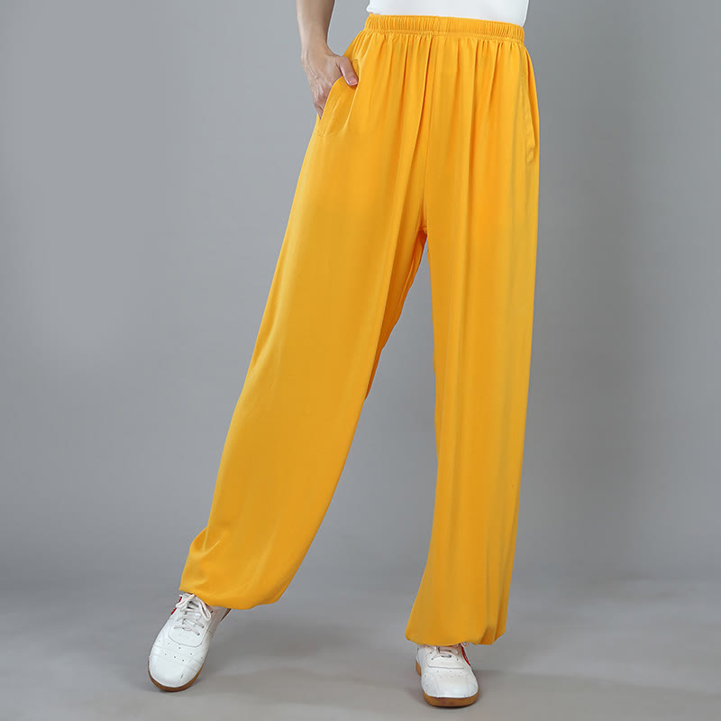 Pantalones de verano unisex con cintura elástica para Tai Chi, Kung Fu, Qigong de práctica de algodón transpirable con bolsillos Buddha Stones - Amarillo - 3XL- APTO PARA US./ UK/AU/ EU- 2XL - image 9