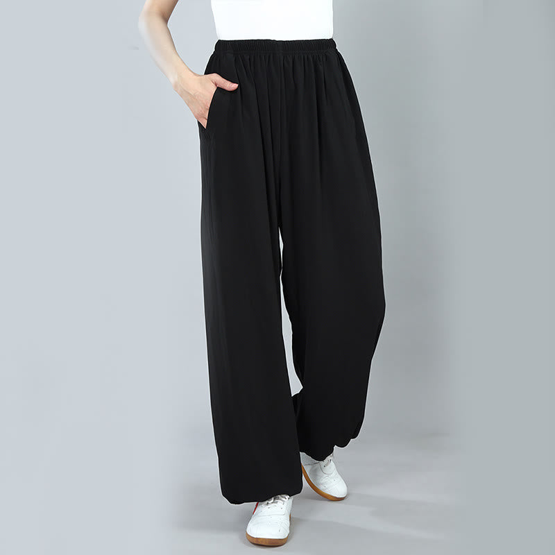 Pantalones de verano unisex con cintura elástica para Tai Chi, Kung Fu, Qigong de práctica de algodón transpirable con bolsillos Buddha Stones - image 3