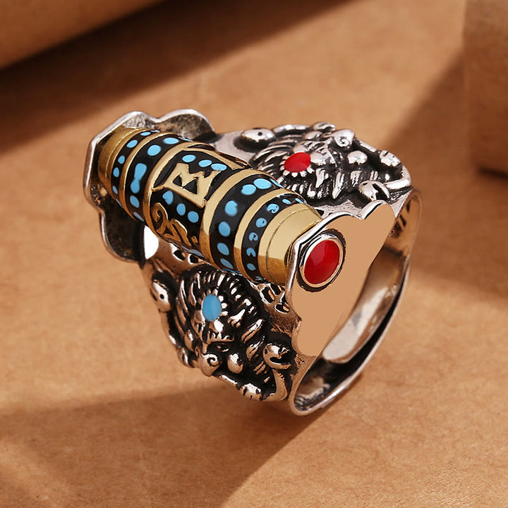 Buddha Stones Anillo giratorio de paz con patrón de cuentas Dzi tibetanas Om Mani Padme Hum de Garuda