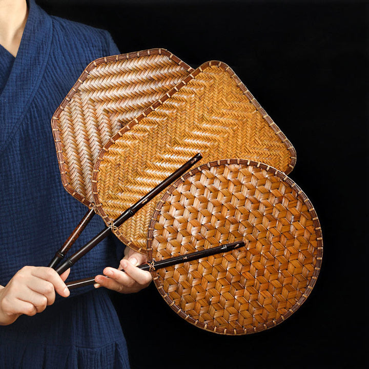 Buddha Stones Hecho a mano estilo chino abanico de bambú tejido redondo ovalado forma de plátano con mango largo
