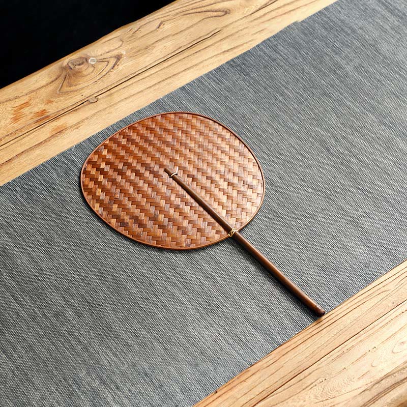 Buddha Stones Hecho a mano estilo chino abanico de bambú tejido redondo ovalado forma de plátano con mango largo