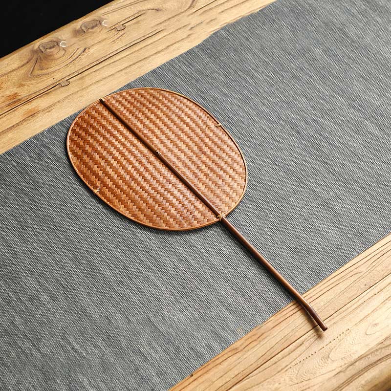 Buddha Stones Hecho a mano estilo chino abanico de bambú tejido redondo ovalado forma de plátano con mango largo