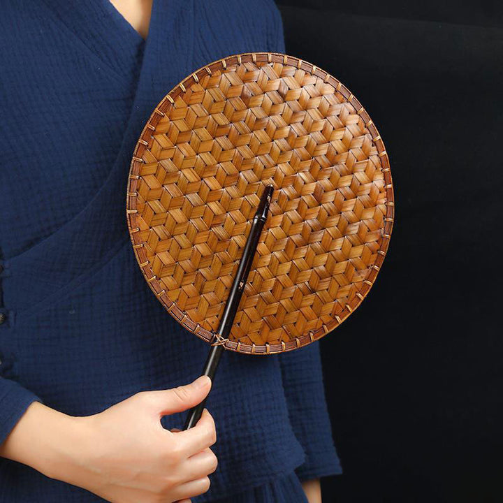 Buddha Stones Hecho a mano estilo chino abanico de bambú tejido redondo ovalado forma de plátano con mango largo