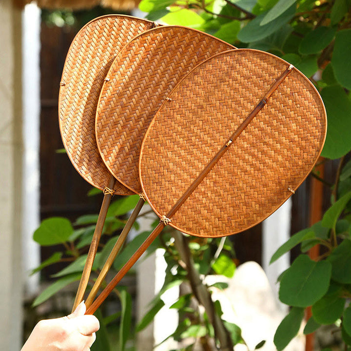 Buddha Stones, Abanico de mango largo con forma de cono, oval o redondo, hecho a mano en estilo chino y tejido en bambú