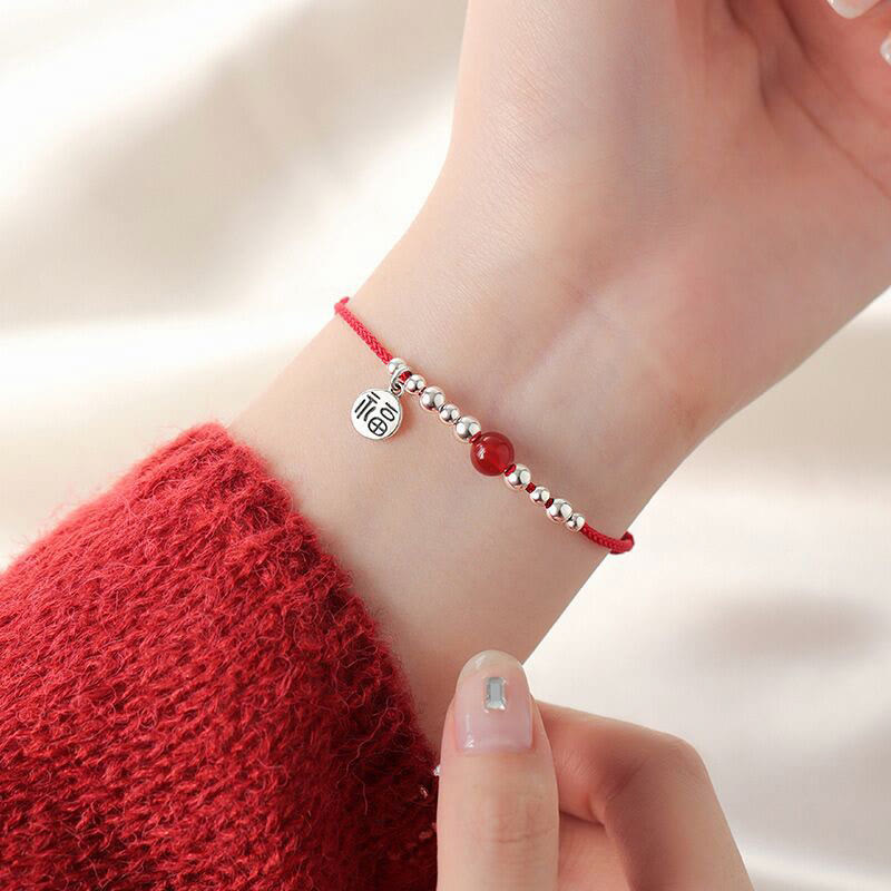 Pulsera trenzada ultrafina de amatista roja de la fortuna con carácter Fu hecha a mano de plata de ley 925 de Buddha Stones