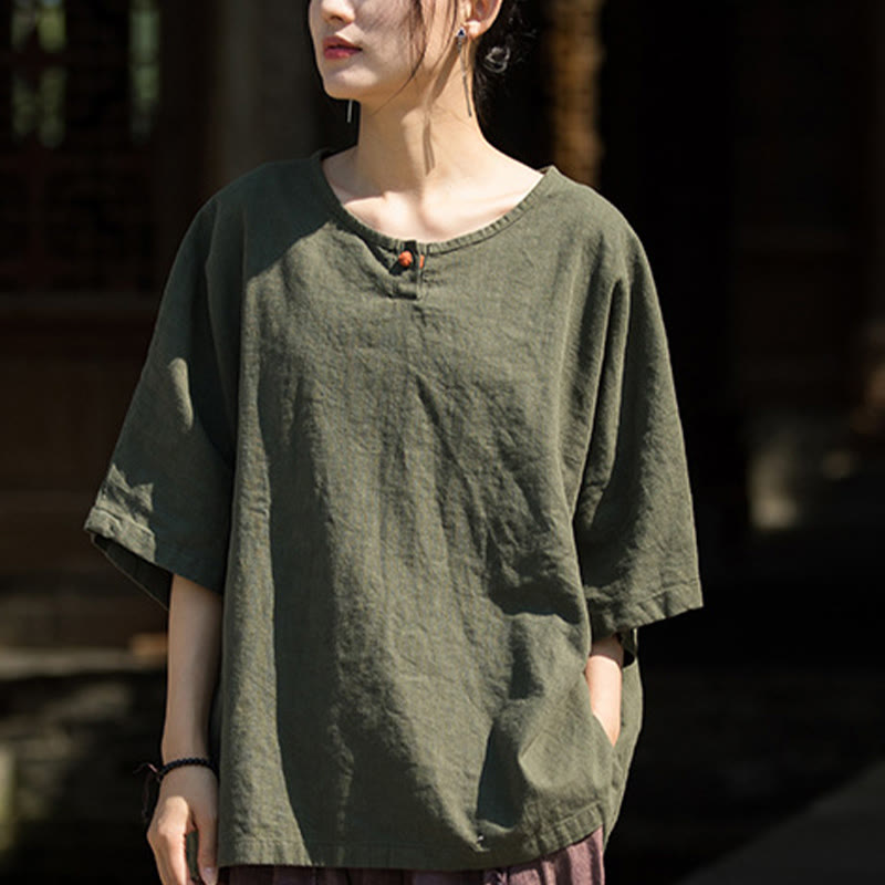 Buddha Stones Camiseta casual de media manga de ramio y algodón