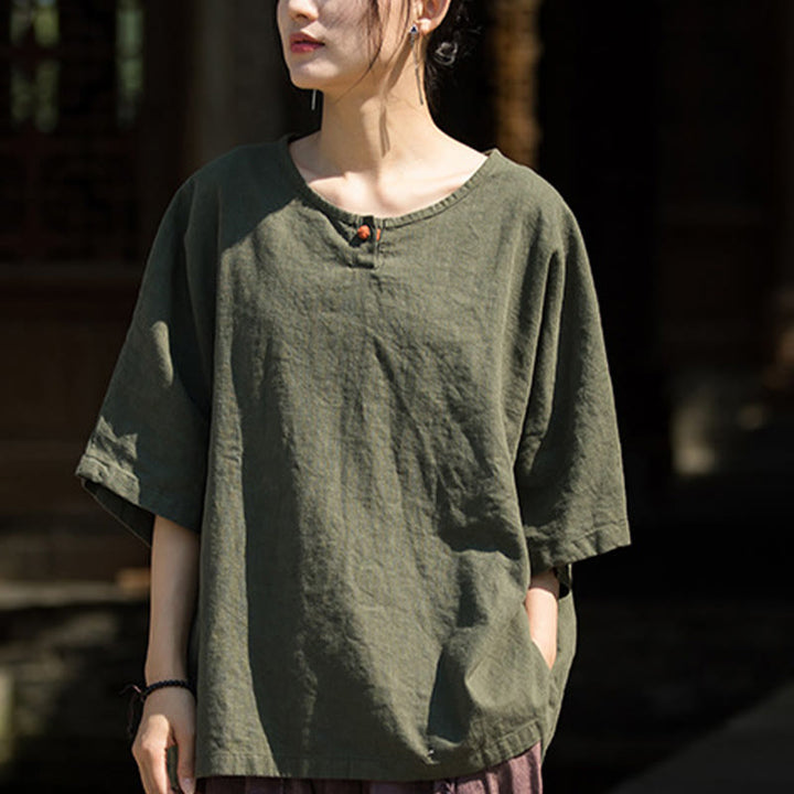 Buddha Stones Camiseta casual de media manga de ramio y algodón