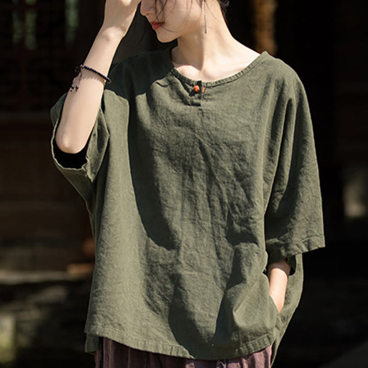 Buddha Stones Camiseta casual de media manga de ramio y algodón