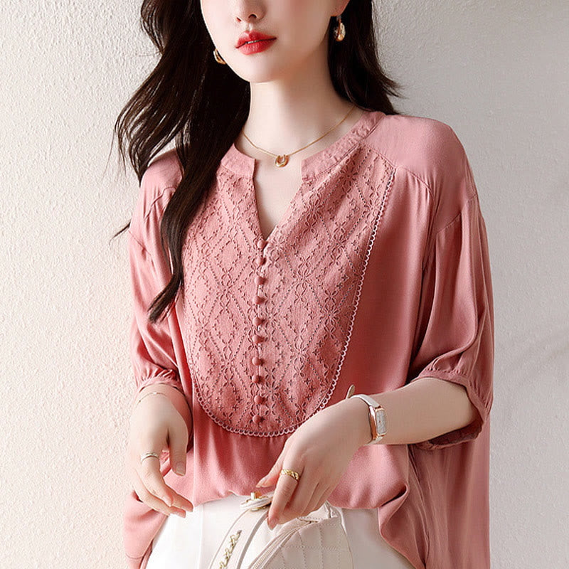 Diseño de botones rosados en forma de V de Buddha Stones, camiseta de media manga - image 1