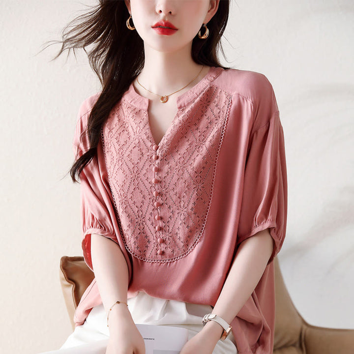 Diseño de botones rosados en forma de V de Buddha Stones, camiseta de media manga - image 9