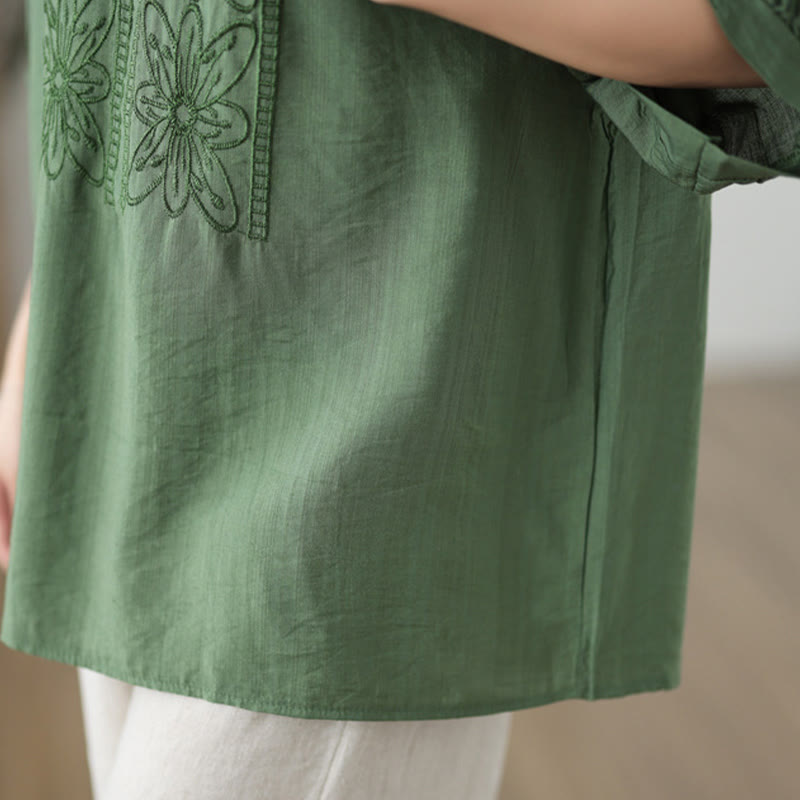 Diseño de bordado de flores de Buddha Stones, camiseta de algodón y lino de media manga - image 7