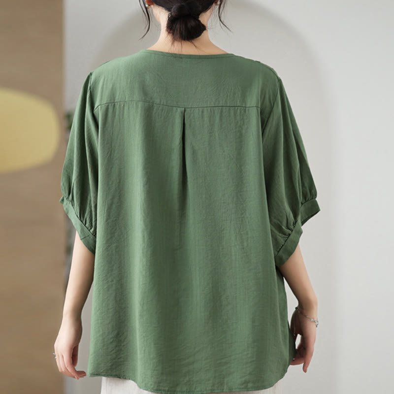 Diseño de bordado de flores de Buddha Stones, camiseta de algodón y lino de media manga - image 2