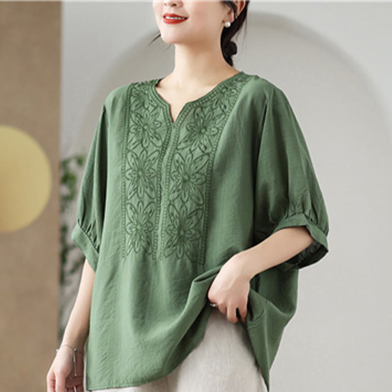 Diseño de bordado de flores de Buddha Stones, camiseta de algodón y lino de media manga - image 8