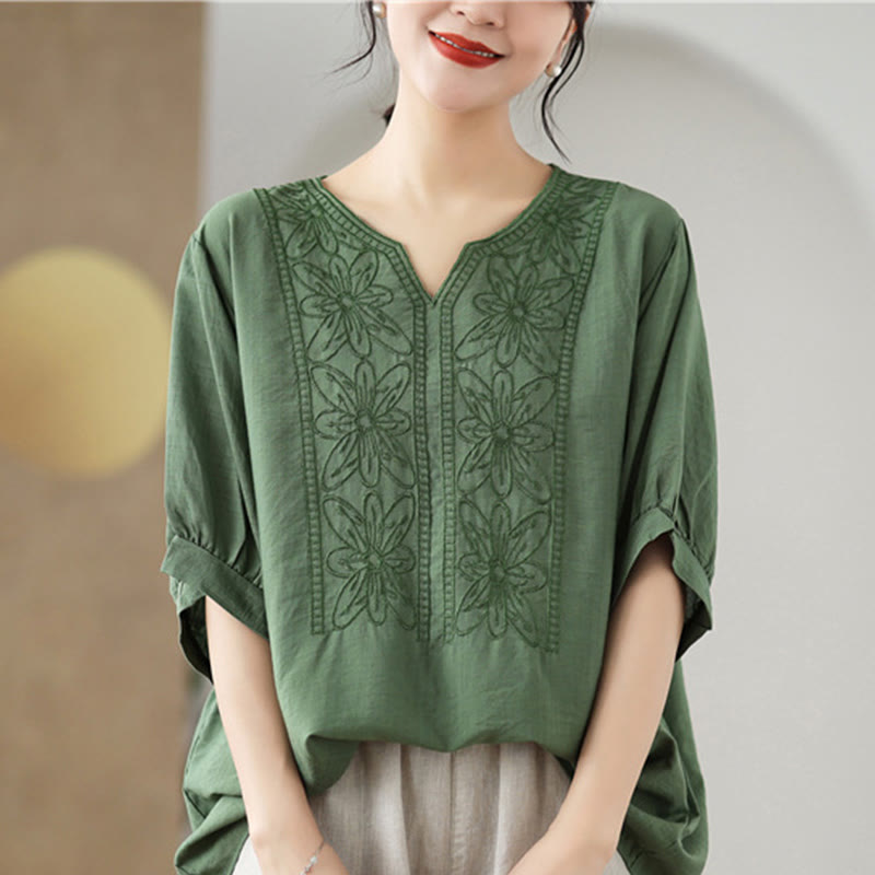 Diseño de bordado de flores de Buddha Stones, camiseta de algodón y lino de media manga - image 1