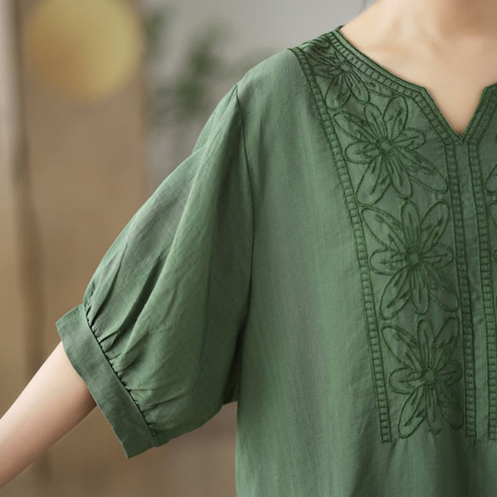 Diseño de bordado de flores de Buddha Stones, camiseta de algodón y lino de media manga - image 6