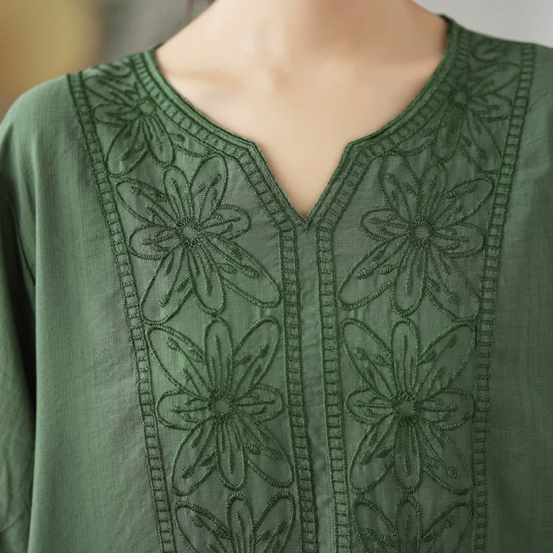 Diseño de bordado de flores de Buddha Stones, camiseta de algodón y lino de media manga - image 5