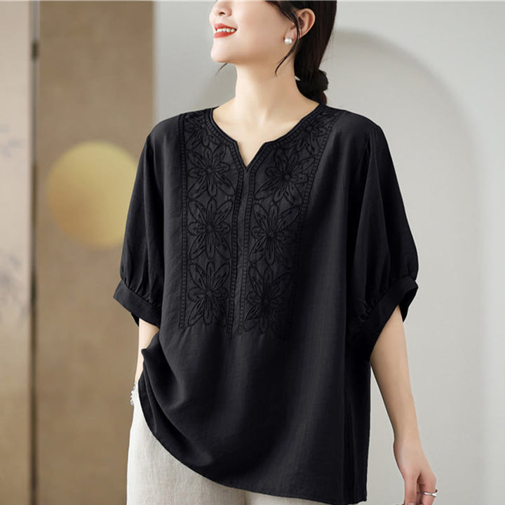 Diseño de bordado de flores de Buddha Stones, camiseta de algodón y lino de media manga - image 13