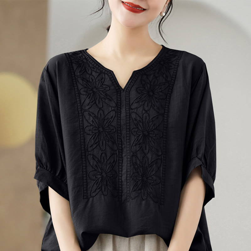 Diseño de bordado de flores de Buddha Stones, camiseta de algodón y lino de media manga - Negro - F (Apto para US4-6; UK/AU8-10; UE 36-38) - image 11