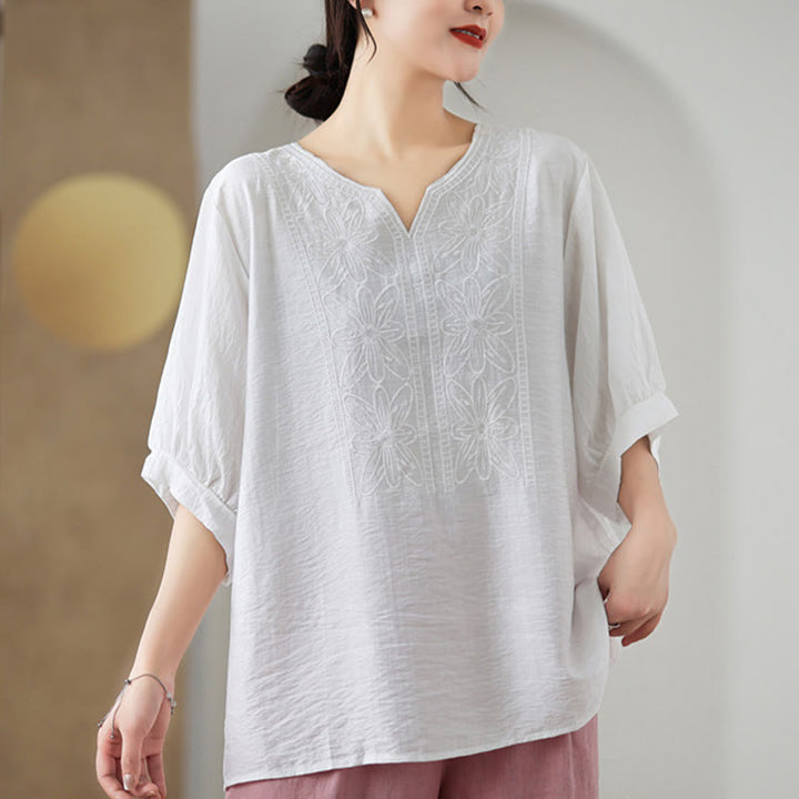 Diseño de bordado de flores de Buddha Stones, camiseta de algodón y lino de media manga - image 16